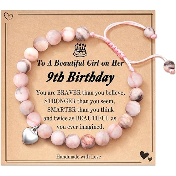 4-21Year Old Birthday Gift for Girls,Pink Zebra Natural Stone Bracelet with Sweet Heart Charm and Message Card for Daughter/Granddaughter/Niece（9th）