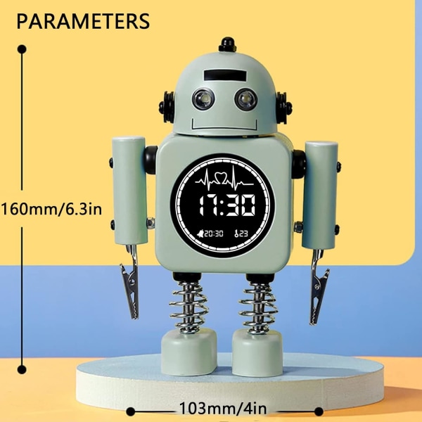 Barnealarmklokke med LED-tids- og temperaturvisning, metallisk, ikke-tikkende robotvekkerklokke, vekkerklokke med blinkende lysøyne og roterende arm