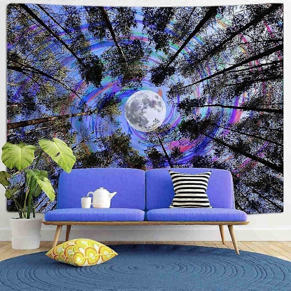 Trippy Tapestries Vegghengende Psykedelisk Skog Tre Fargerik Måne Lilla Takteppe