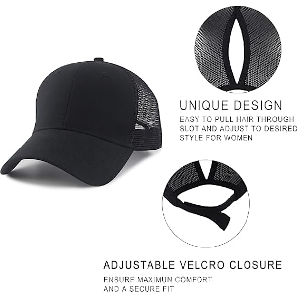 Damkeps med hästsvanshål för kvinnor, justerbar enfärgad Trucker Dad Hat