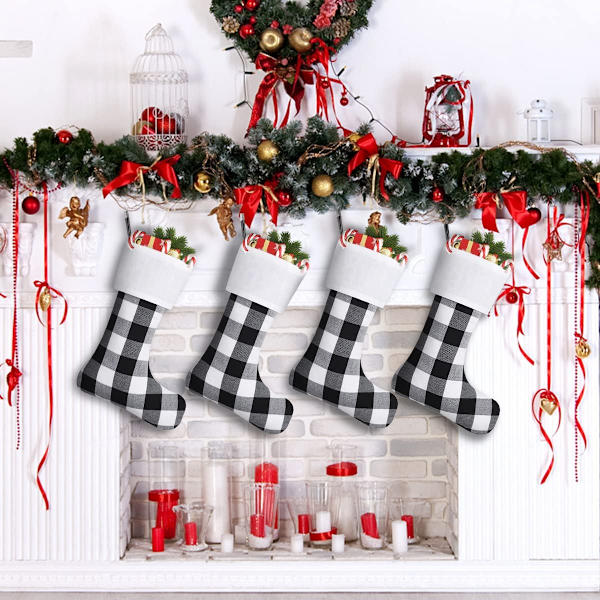 6 Pakke Jule Strømper, 18 Tommer Buffalo Plaid Jule Strømper Store Personlige Strømpe Dekorasjoner for Familie Xmas Feriefest