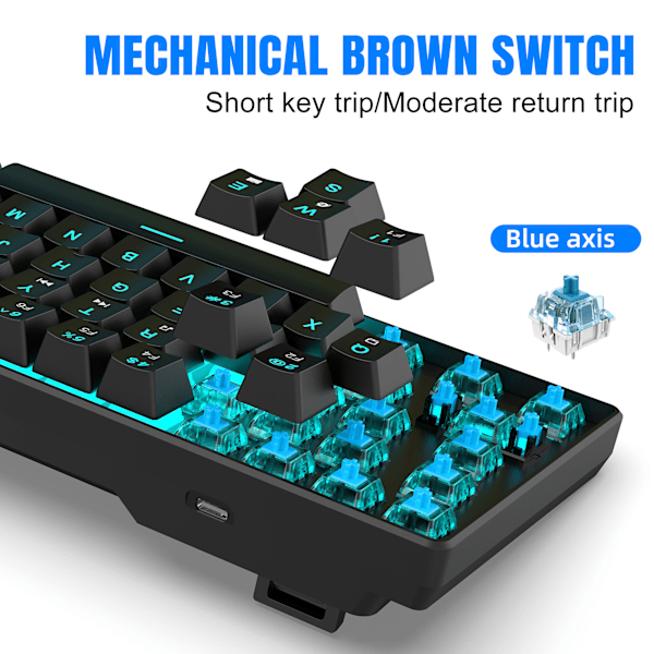 V800 68-tasters mekanisk spilltastatur, LED-bakgrunnsbelyst kablet tastatur, støtter akseutskifting, egnet for Windows XP/10/11, MAC, Linux (blå akse) Black/blue light