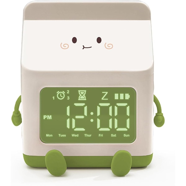 Söt tecknad mjölklåda väckarklocka Digital väckarklocka med nedräkningsfunktion, tydlig display för studenter (grön)