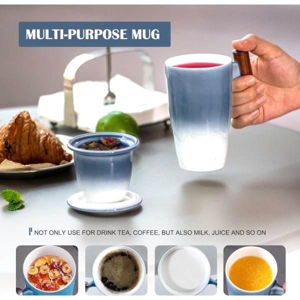 Tomotime Tekopp med Infuser och Lock 400ml Keramisk Tekopp Slät Invändig Vägg Trähandtag 13.5 oz, Blå