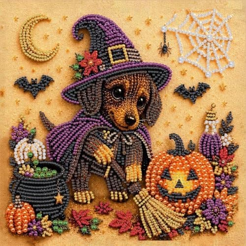 DIY Bead Painting Kit with Frame 12 inch Dachshund Witch and Kitten