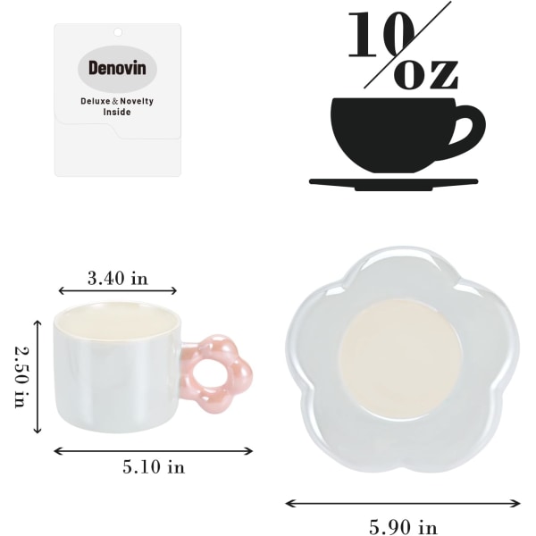 Keramisk kaffekopp och set, Cappuccino Espresso Demitasse Söt muggfat i form av söt blomma, 10 oz Perfekt för Mjölkte Latte Havregryn (pärlblå)