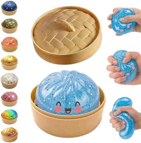 Glitter Dumpling Squishy, Dumpling Squishies, Glitter Dumpling Mystery Box, Farverige Dumpling Stressbolde Fidget, Jumbo Squishy Legetøj med Damperkasse Sæt Glitter Blue