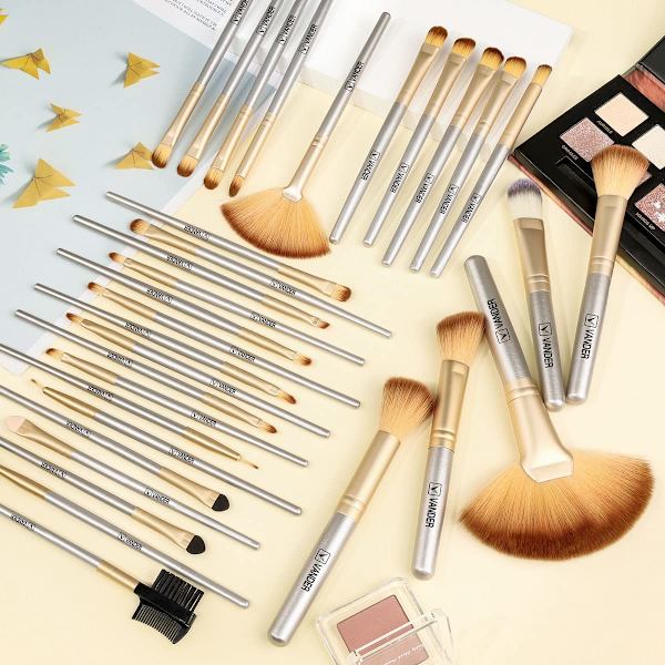 Sminkborstar, VANDER Professionellt 32-delars sminkborstset, sminkborstar set foundation blending kosmetisk borste set kit, champagne