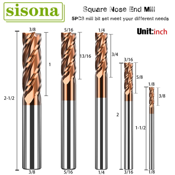 1/8\" 3/16\" 1/4\" 5/16\" 3/8\" Karbidipäätyteräsarja - Massiivinen karbidi (volframikarbidi + koboltti) - 5 kpl 4 Fulte CNC-jyrsinterää teräkselle - TISIN-pinnoitettu