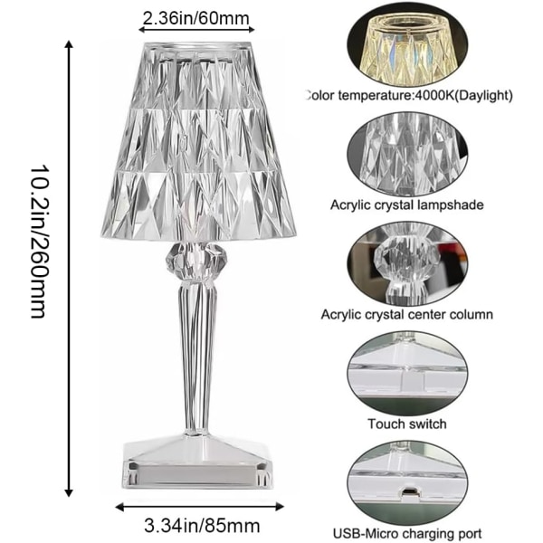 Krystallampe, trådløs lampe, farveskiftende touch-lampe, genopladelig diamantbordlampe til soveværelse, stue, festmiddag (3 farver)