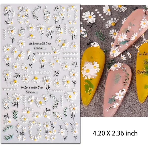 5D Nagelklistermärken med präglade blommor för Nail Art Supplies, Självhäftande Nail Art Stickers med White Daisy Leaves Designs