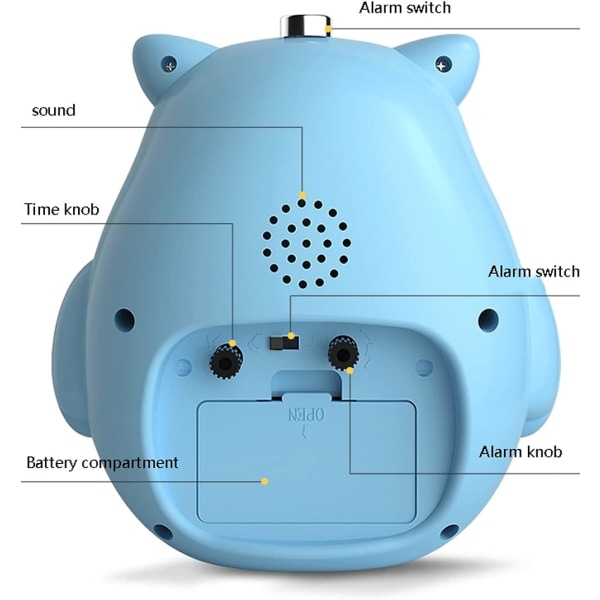 Kreativt børnevækkeur, sødt tegneserieur, bærbart, genopladeligt vækkeur med høj lydstyrke og nattelys til soveværelse, studie, voksengave (blå ugle)