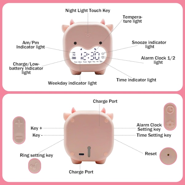 Børnevækkeur til soveværelser Høj alarm til tunge sovende, sød sengebordsur Børns søvntræner, timing natlys med USB til soveværelse