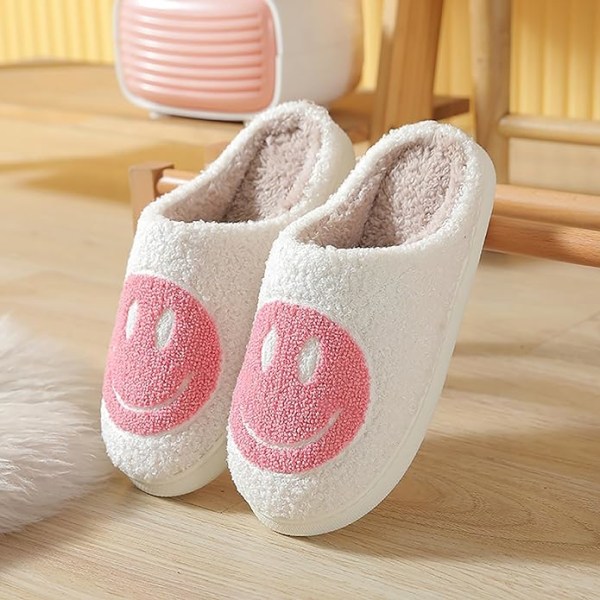 Söta leendetofflor för kvinnor och män, mjuka plysch bekväma varma par tofflor med glad ansikte, preppy tofflor halkfria luddiga platta slides (storlek: 7-8)