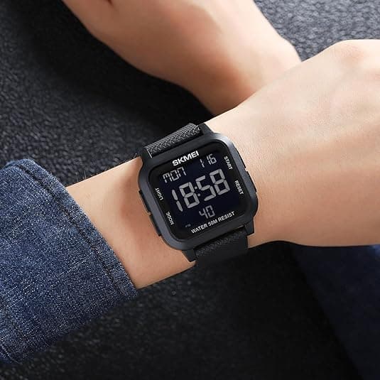 New square watch with large dial, waterproof/alarm/countdown/dual time zone/chronograph/12/24 hours (black & black)