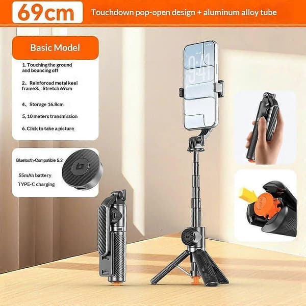 T01 Photography Mini Selfie Stick 69cm Extendable Tripod Bluetooth Remote Phone Holder Stand