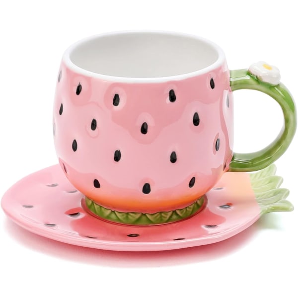 Keramisk tekopp og skål Kaffe krus Jordbær Kaffe krus med skål - 8 Ounce (Rosa)