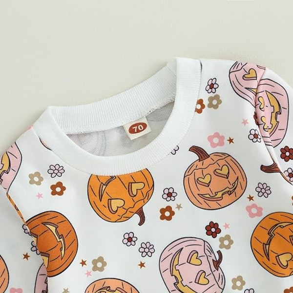 Baby pige Halloween tøj til småbørn Pige Sød græskar print outfits Trøje og bukser med flæser Sæt (Størrelse: 100CM) Anbefalet alder: 18-24 måneder