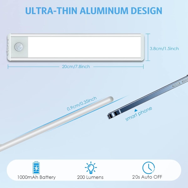 Nyeste bevegelsessensor skaplys, 30-LED trådløs USB oppladbar under skapbelysning, under skaplys (2-pakning)