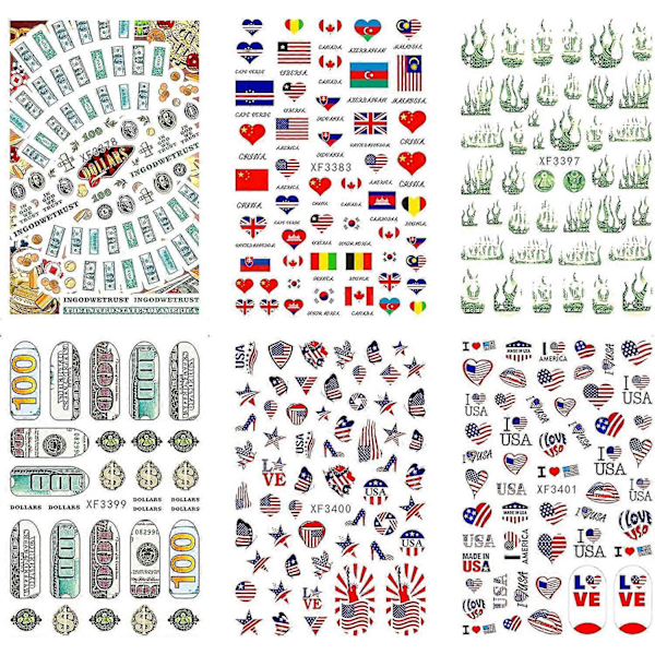 4 juli Nagelstickers Patriotiska 3D Självhäftande 6st Nagelkonst Dekal Amerikansk Flagga Oberoende Dag Dekoration Jag Älskar Amerikanska Nagelstickers Kvinna