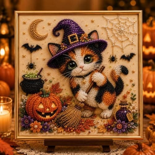 Hamai DIY Halloween Kat Perlemalingssæt, Perlekunsthåndværk med Spøgelsesagtig Sort Kat & Måne Design, Begyndervenlig, Afslappende Stresslindring