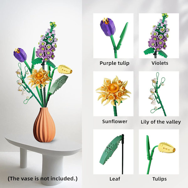 Mini Bricks Blomsterbuket Byggesæt, Kunstige Blomster, DIY Unik Dekoration Hjem, 534 Dele Botanisk Samling