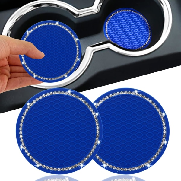 Car Coaster 2PCS,Universal Vehicle Accessories 3.35 inch,Silicone Anti Slip Rhinestone,Suitable for Most Car Interior,Car Bling for Women,Gift-Blue