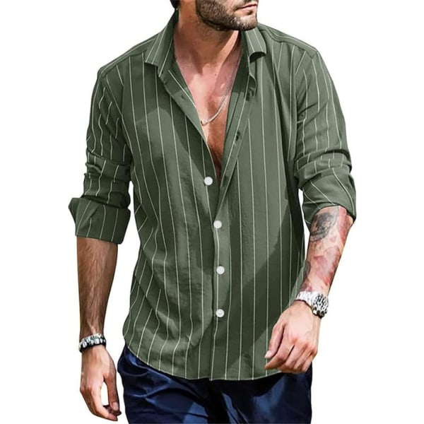 Lapel cardiganskjorta för män - Långärmad skjorta Grönrandig printed Button Down Blus Höst Plus Size Kläder för semesterfestkläder (Storlek：L)