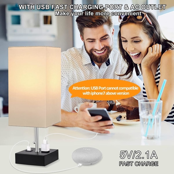 3-Farvet Bedside Lampe med USB Port og AC Stikkontakt Bordlamper til Soveværelse Natbordlamper med Blå Skærm Sort Metal Bedlampe
