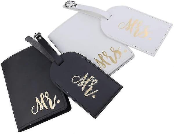2 sæt Mr Mrs bagagemærker og læder pascover bryllupsbagagemærker