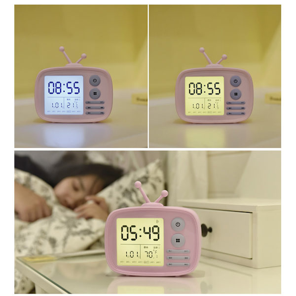 Barnväckarklocka, LED digital väckarklocka, söt tecknad TV-väckarklocka med snooze/uppladdningsbar/temperaturdisplay, rosa (färg: rosa)