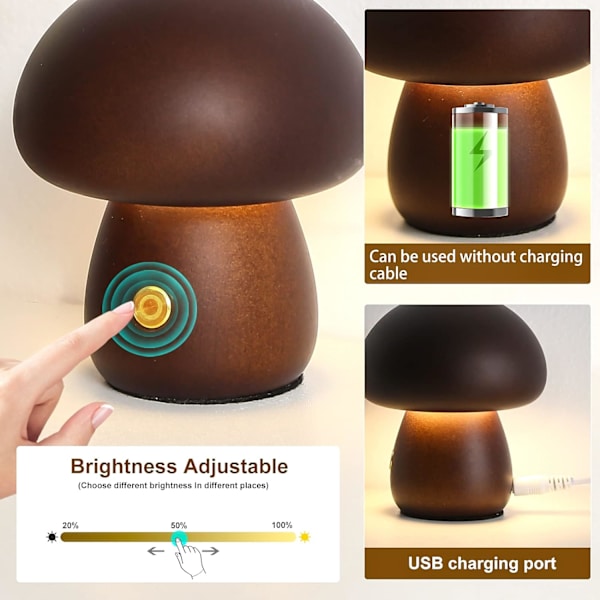 Svampe lampe til soveværelse, bærbar dæmpbar sengelampe med USB-opladning, trådløs natlampe i træ (medium, valnød)