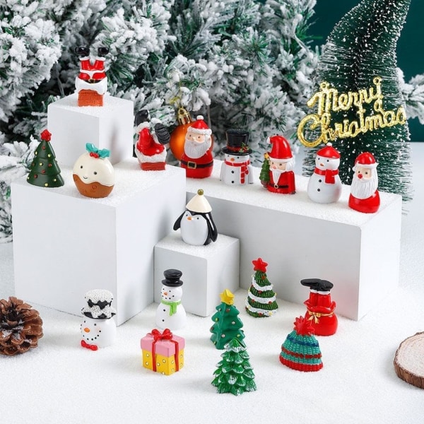 Miniatyr juledekorasjon i harpiks, mikrolandskap, julenisse, snømann, juletrepynt, figur, miniatyrhagedekorasjon