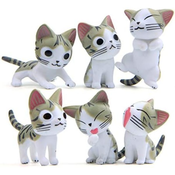 Set med 6 små miniatyrkatter, älva trädgård, chi katt för utomhusdekor (grå)