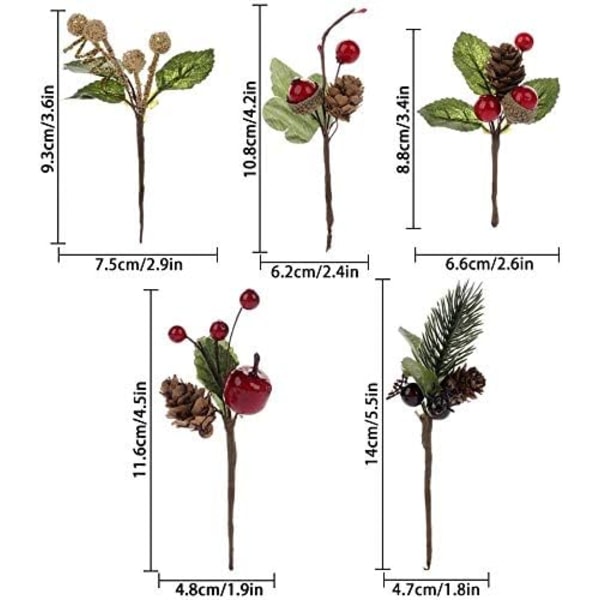 20 stk kunstige bærpinner, julegranpinner med røde bær og kongler for jule-DIY-håndverk, gaveinnpakning, blomsteroppsatser og kranser
