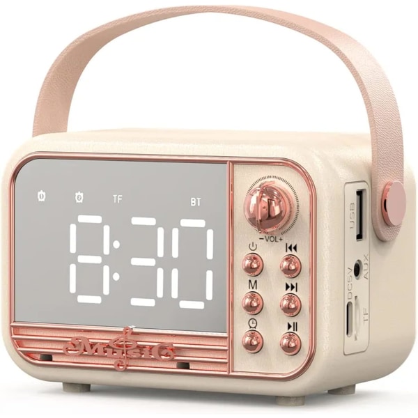 Retro bärbar trådlös Bluetooth -högtalare med väckarklockavolym Bluetooth 5.0, stöd TF-kort U-disk AUX för kök, sovrum, hem och utomhus (vit)