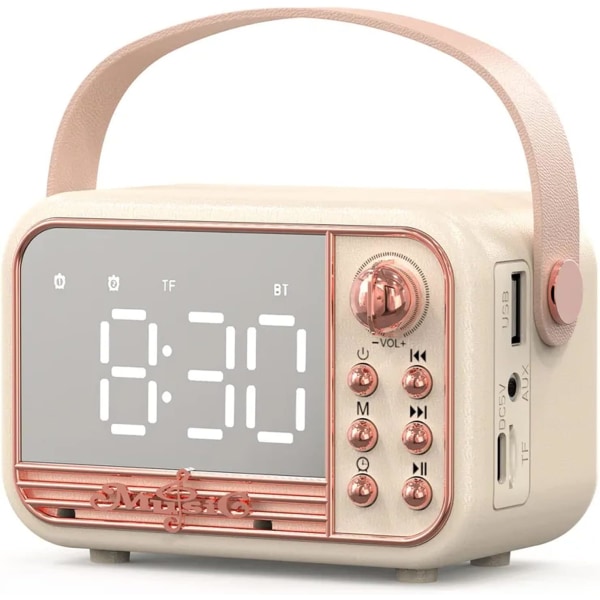 Retro bærbar trådløs Bluetooth-højttaler med alarmur, lydstyrke Bluetooth 5.0, understøtter TF-kort, U-disk, AUX til køkken, soveværelse, hjem og udendørs (hvid)