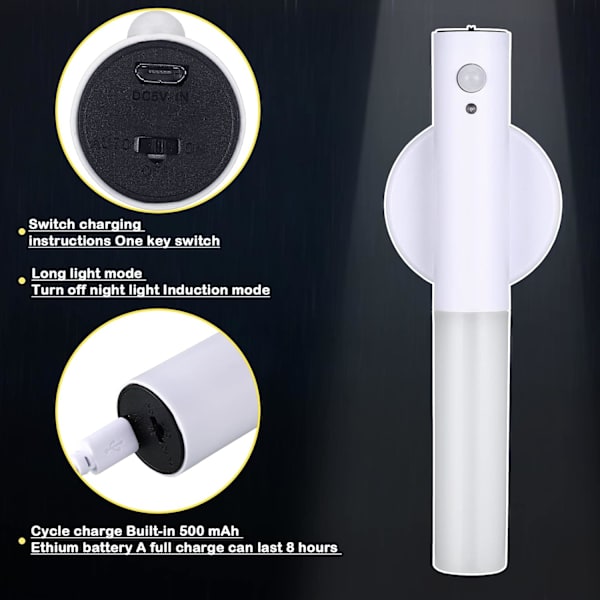 2 stk. Bevægelsessensor Natlys Magnetisk Væglampe USB LED Lys Genopladelig Stick Trådløs Trappe Indendørs Trævægslamper med Stort Batteri