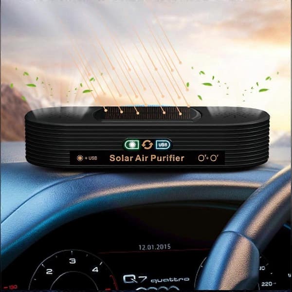 Solar-Powered Dual-Core Car Air Purifier — Plasma, Negative Ions & Activated Oxygen, USB/Solar Power