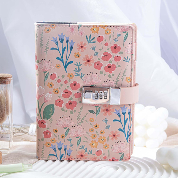 Dagbog med lås, blomst og sommerfuglejournal, genopfyldelig PU-læderdagbog med lås og nøgle til kvinder piger, B6 hemmelig personlig