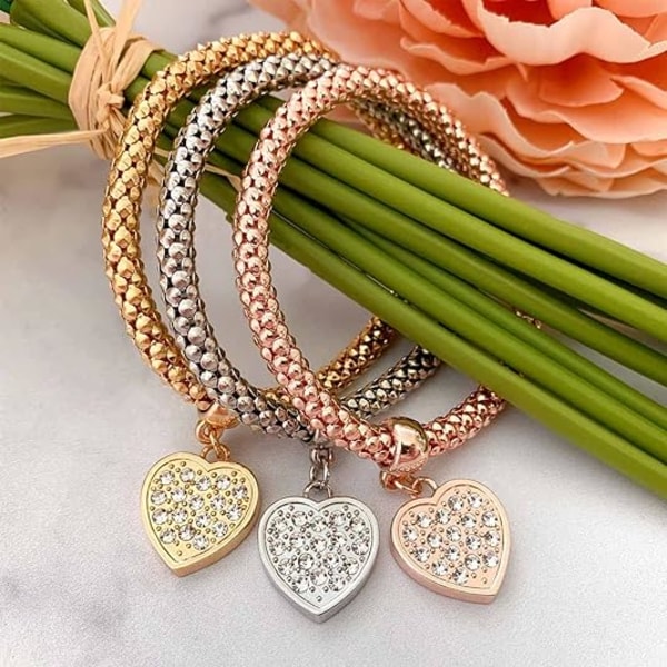 Krystal Charms Multilayer Armbånd - 3PCS Guld/Sølv/Rosaguld Majskæde Armbånd til Kvinder, Livets Træ Hjerteformet Stretch Armbånd