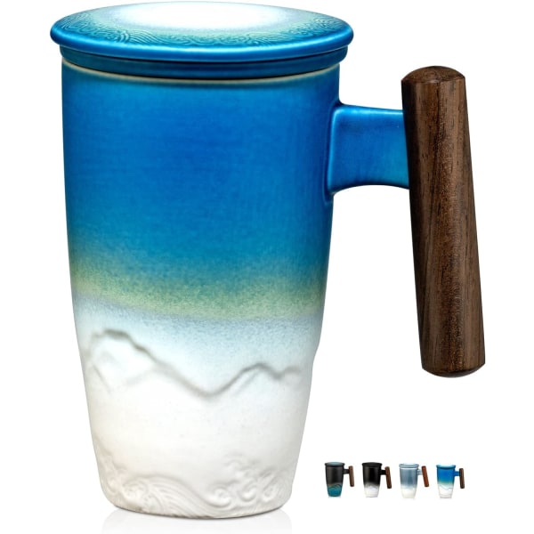 Tomotime Keramisk Tekop med Infuser og Låg Tekrus Træhåndtag 400ml/13.5oz (Cyan blå)