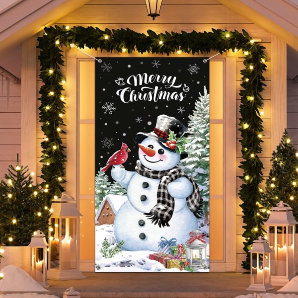 Jultomte dörrskydd God Jul dörrdekorationer Vinter snögubbe bakgrund banderoll för ytterdörr veranda Xmas
