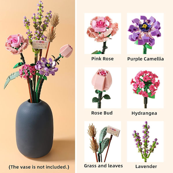 Mini tegelsten blombukett byggsatser, konstgjorda blommor, DIY unik dekoration hem, 547 delar botanisk samling