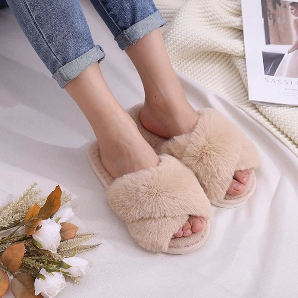 Dames Fuzzy Hjemmesko Krydsbånd Memory Foam Hjemmesko Åben Tå (Størrelse: 7-8)