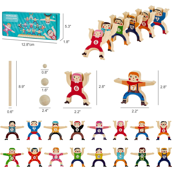 Træstabling Legetøj, 16 Stykker Cirkus Hercules Cirkus Cirkus Sammenlåsende Legetøj, Balance Blok Læring Legetøj til Børn 3 - 6 År Gamle