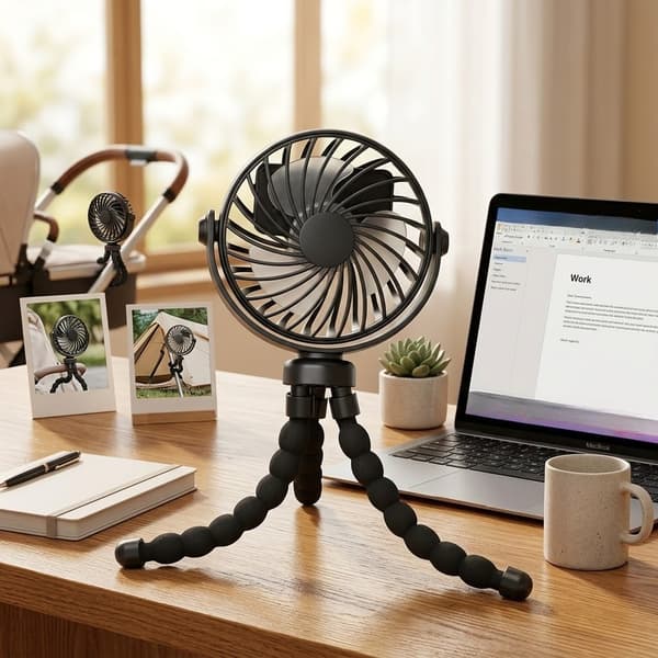 Bærbar fleksibel stativvognsventilator, USB genopladelig mini-blæksprutteventilator, ultra-stille, velegnet til bilsæder og rejser.