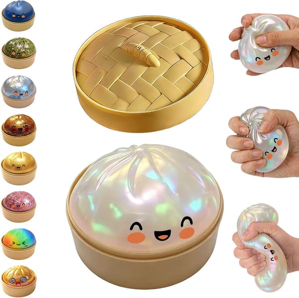 Glitter Dumpling Squishy, Dumpling Squishies, Glitter Dumpling Mystery Box, Farverige Dumpling Stressbolde Fidget, Jumbo Squishy Legetøj med Damperkasse Sæt Glitter White