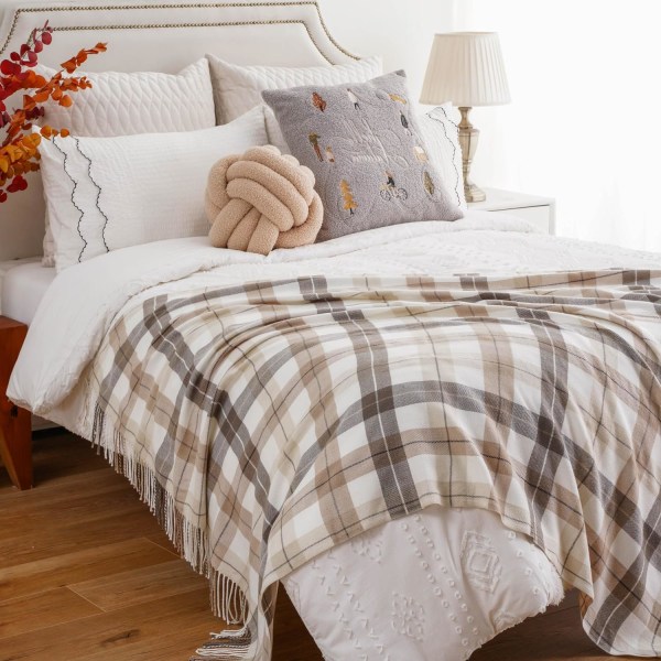 Höstplädt täcke för soffa, bondgård kvadratisk dekoration, lätt beige täcke för bäddsoffa neutral höstdekor, 127 cm x 152,4 cm