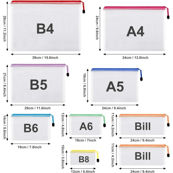 30 stk Mesh Glidelåspose, Vanntette Glidelåsposer, 8 Størrelser Vanntette Plastdokumentpose, 8 Farger